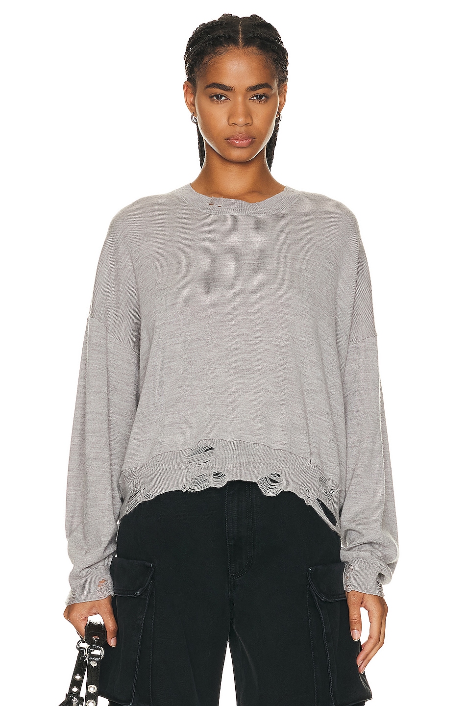 Image 1 of R13 Distressed Cropped Oversized Pullover in Heather Grey