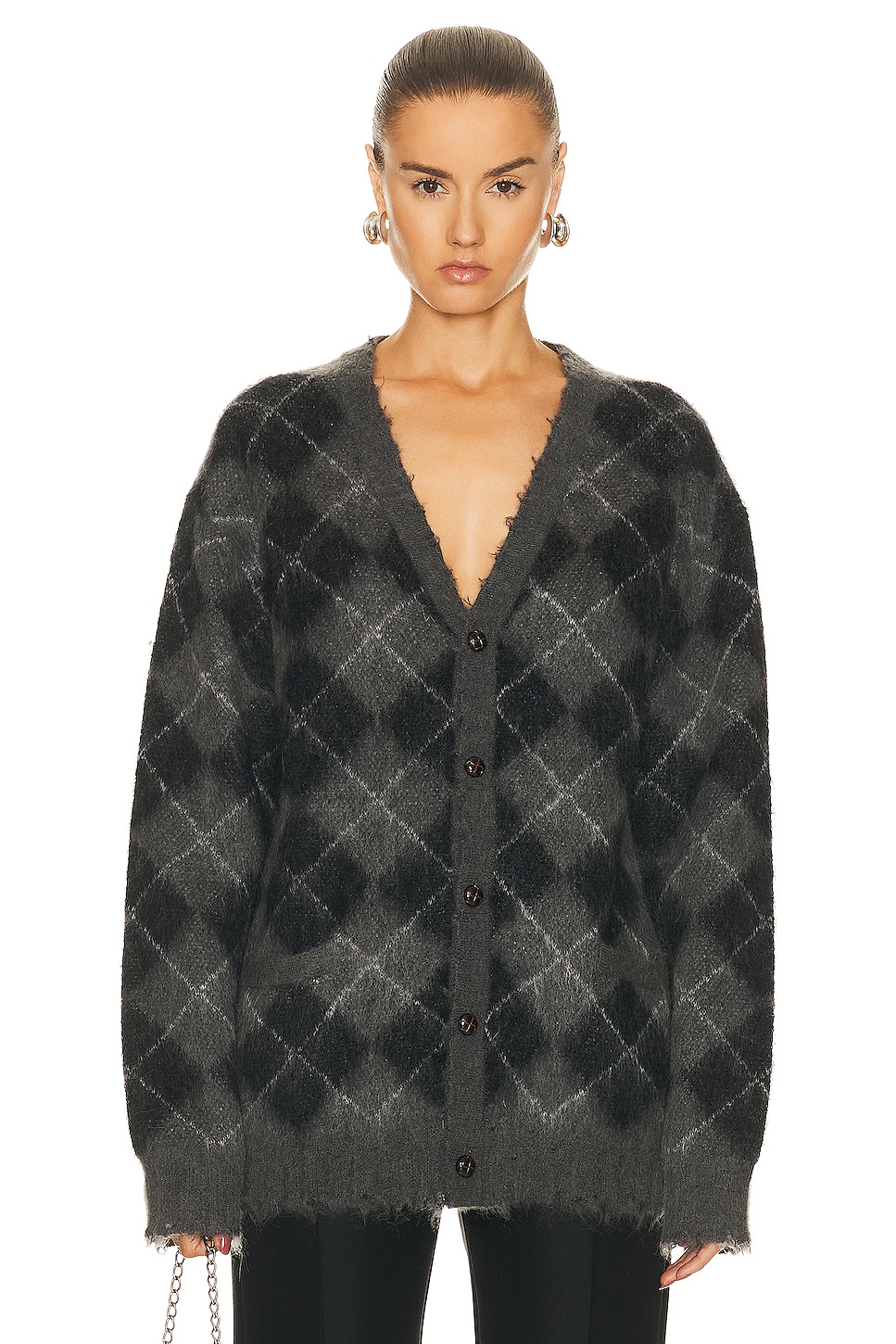 Image 1 of R13 Fluffy Plaid Oversized Distressed Edge Cardigan in Charcoal & Black