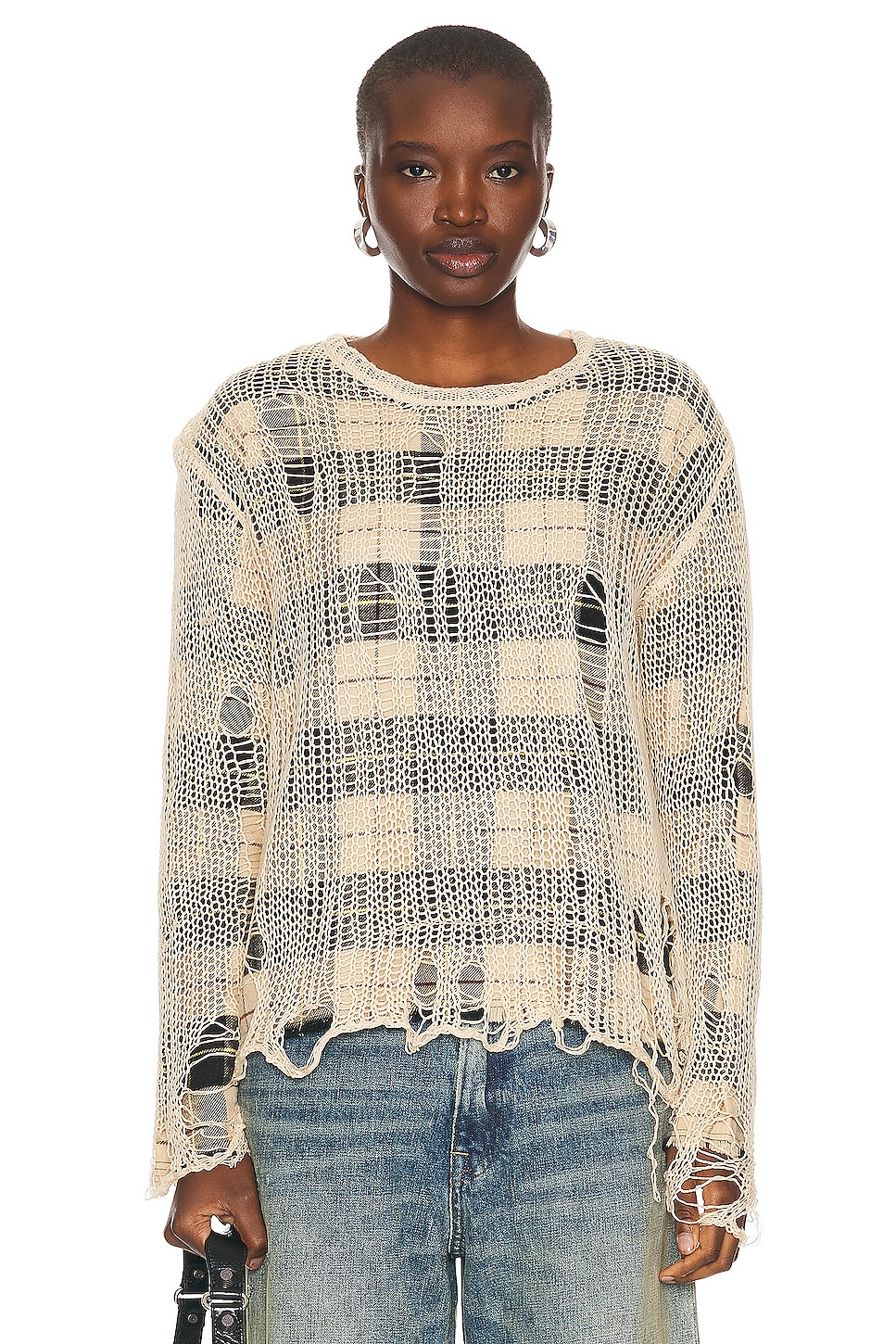 Image 1 of R13 Overlay Distressed Relaxed Crewneck in Cream On Black & Beige Plaid
