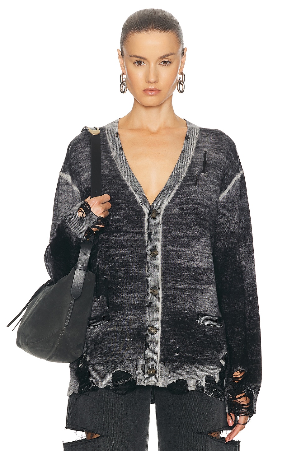 Image 1 of R13 Boyfriend Cardigan in Distressed Black