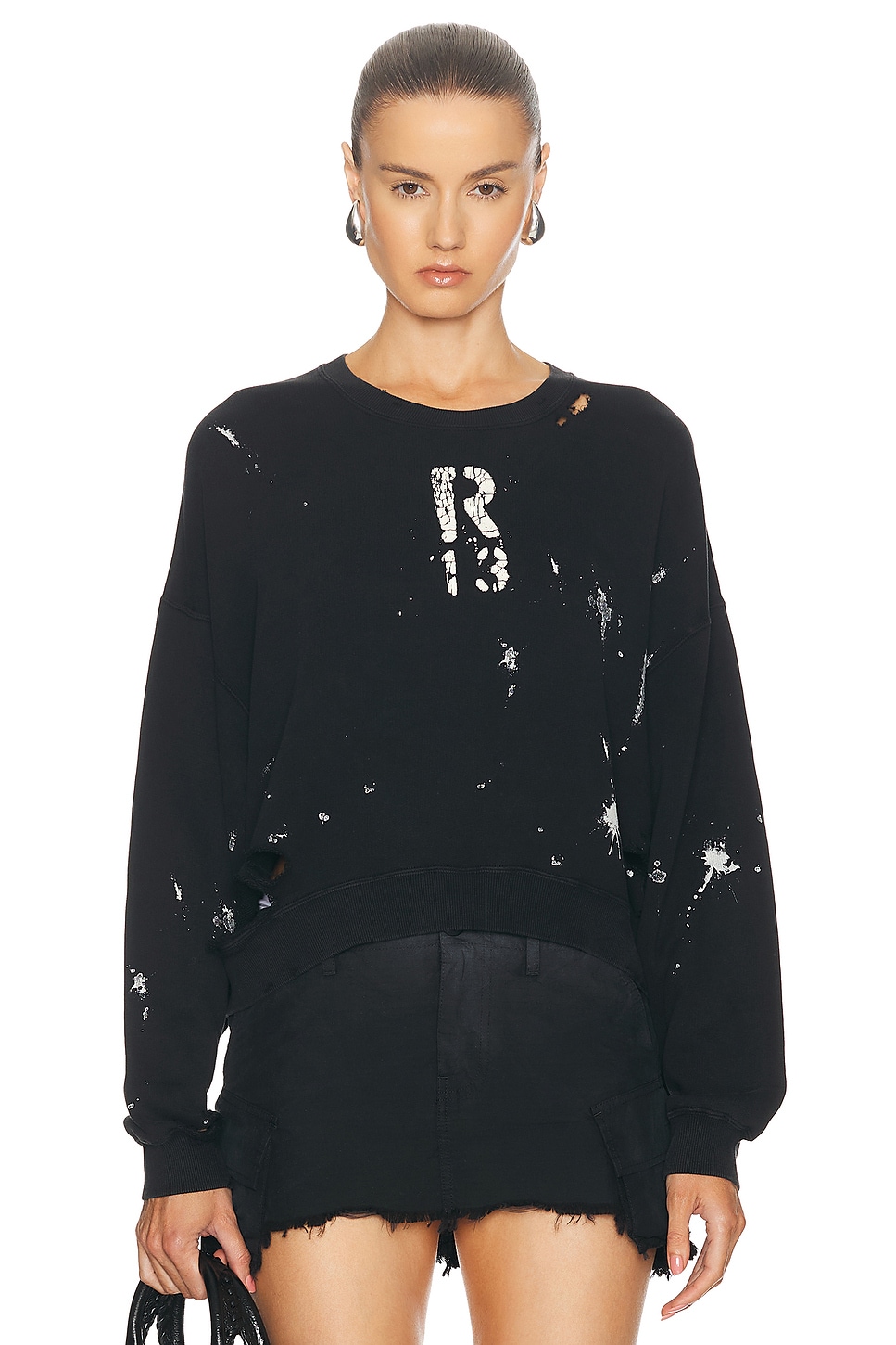 Image 1 of R13 Cropped R13 Crewneck Sweatshirt in Acid Black & Paint Splatter