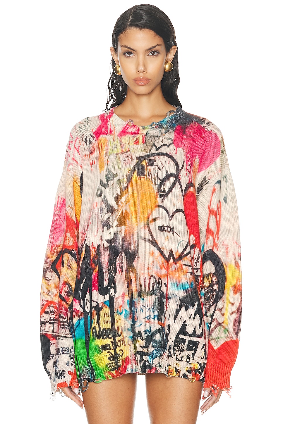 Image 1 of R13 Printed Boyfriend Sweater in Heart Graffiti Print