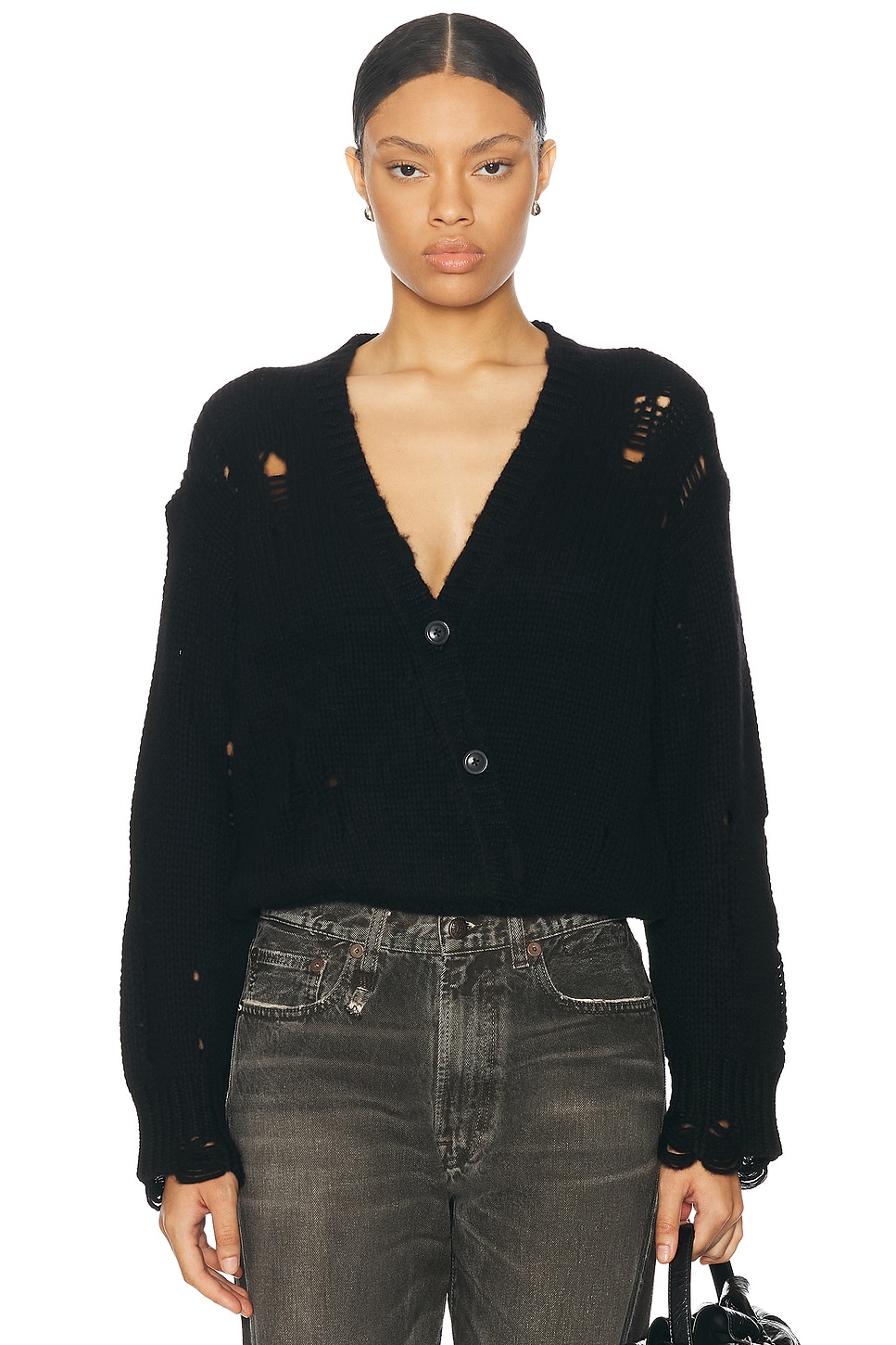 Image 1 of R13 Crossover Distressed Cardigan in Black