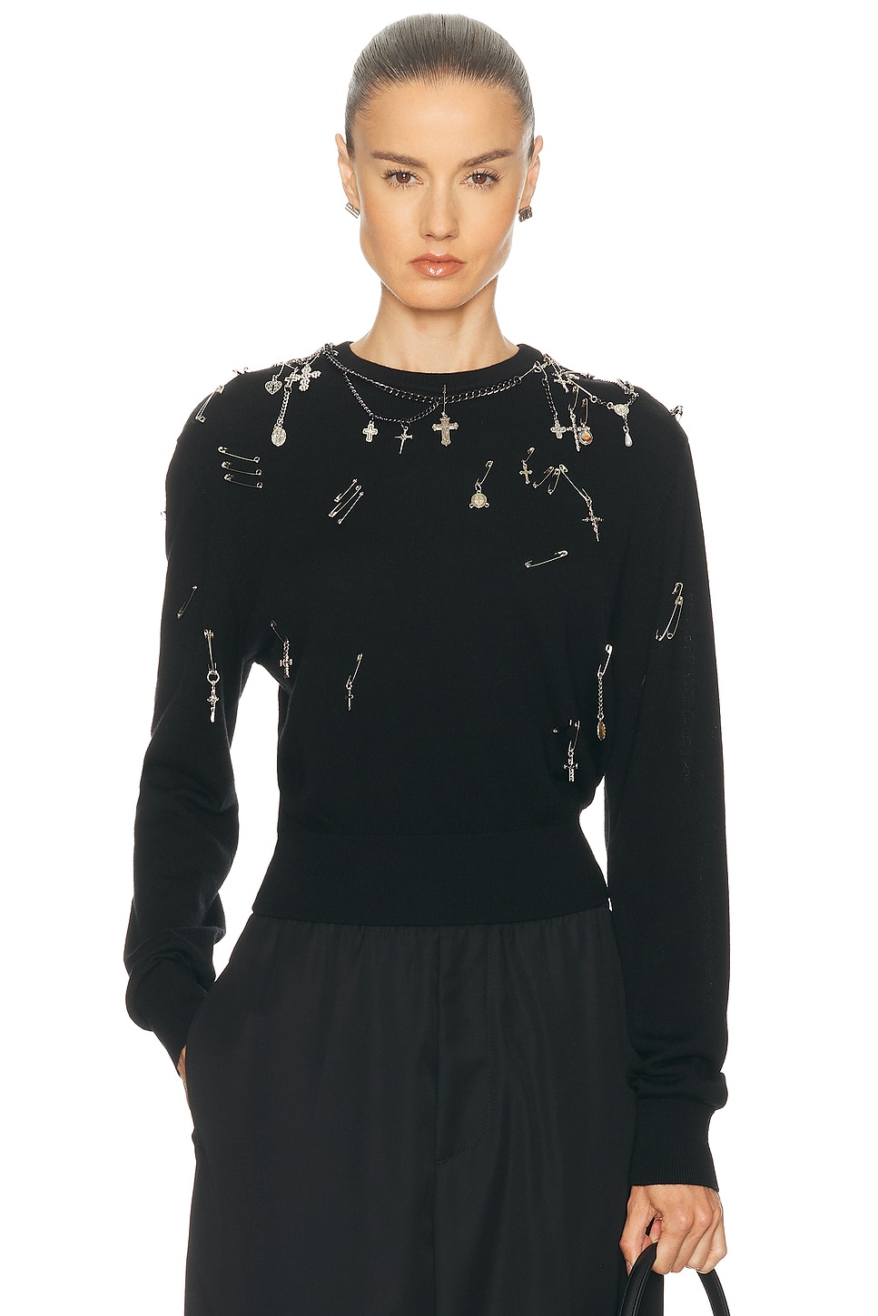 R13 Safety-pin Embellished Crew-neck Sweatshit In Black
