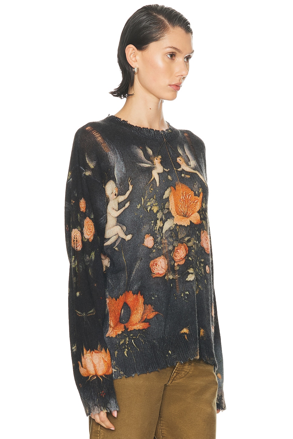 R13 Oversize Distressed Floral Sweater In Black