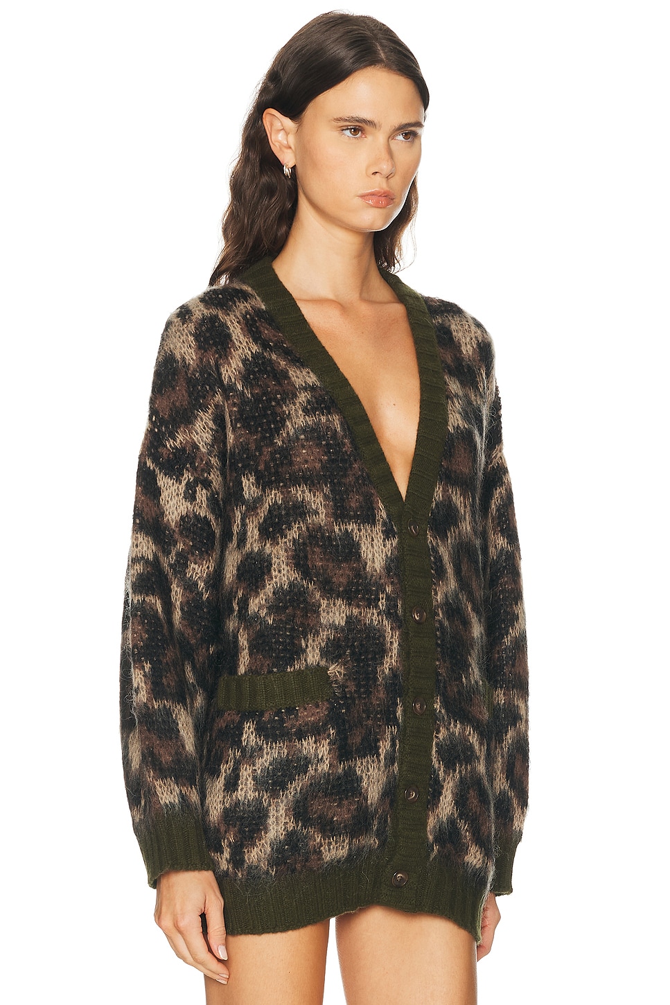 R13 Leopard Cardigan Long Sleeves V Neck Pockets In Brown
