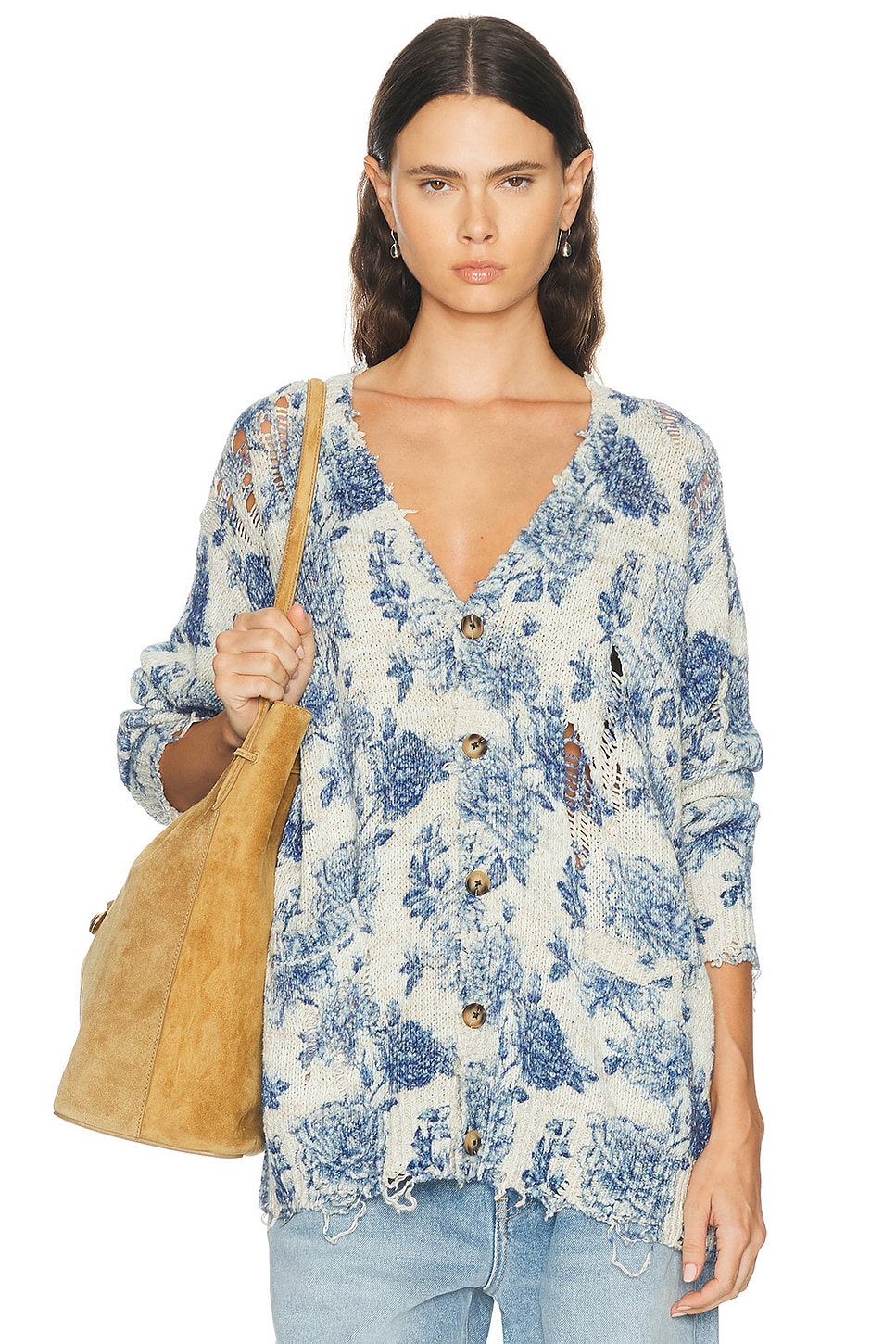 R13 Printed Boyfriend Cardigan In Blue Floral
