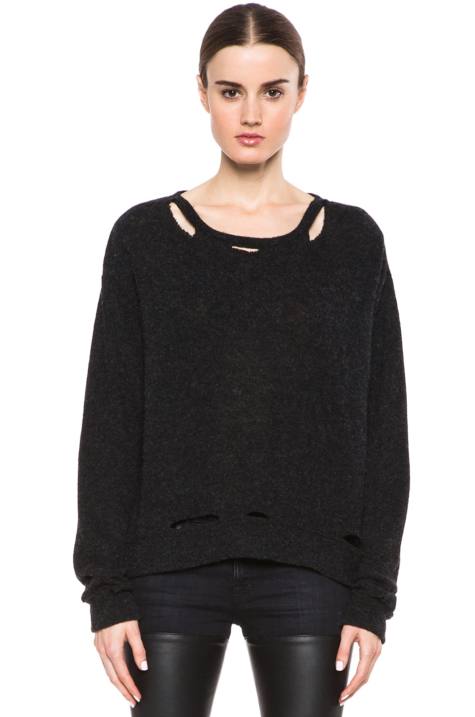 R13 Kate Wool-Blend Sweater with Holes in Black | FWRD