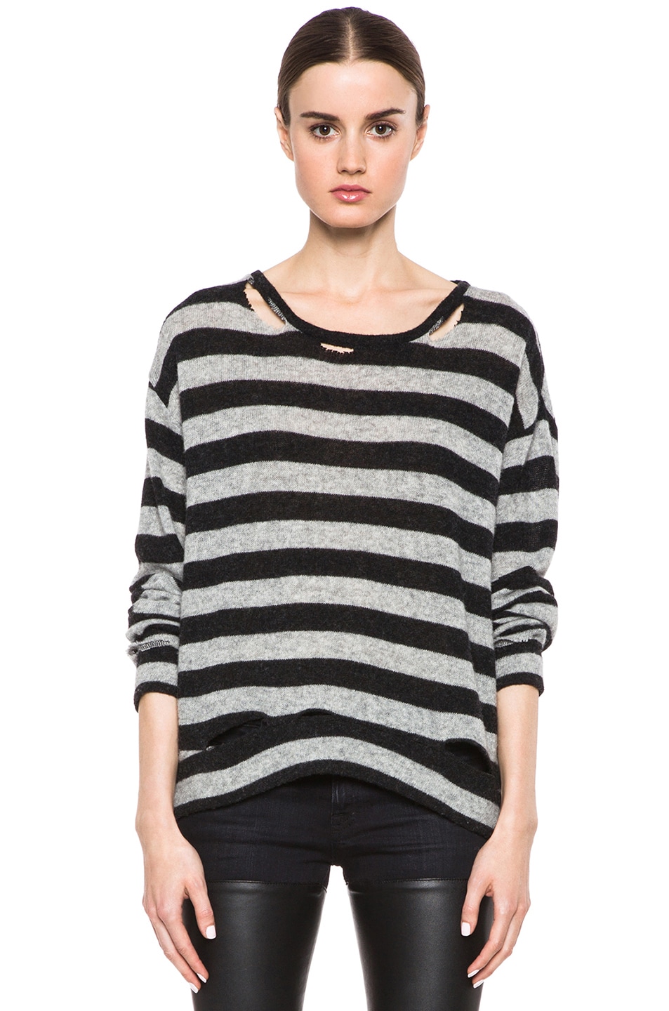 Image 1 of R13 Kate Striped Wool-Blend Sweater with Holes in Grey & Black