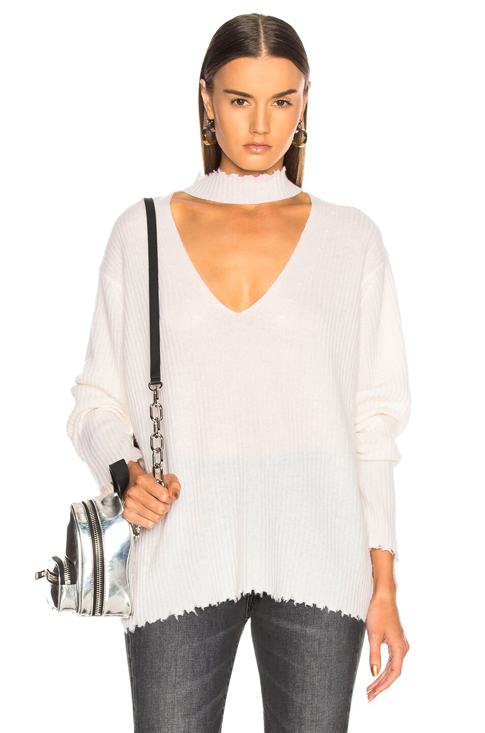 Image 1 of R13 Choker V Neck Sweater in Creme
