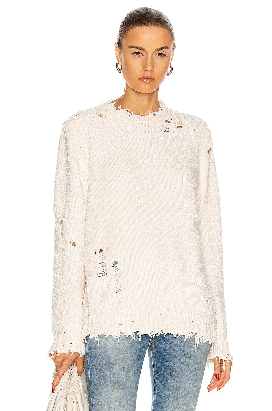 Image 1 of R13 Distressed Chenille Crewneck Sweater in Creme