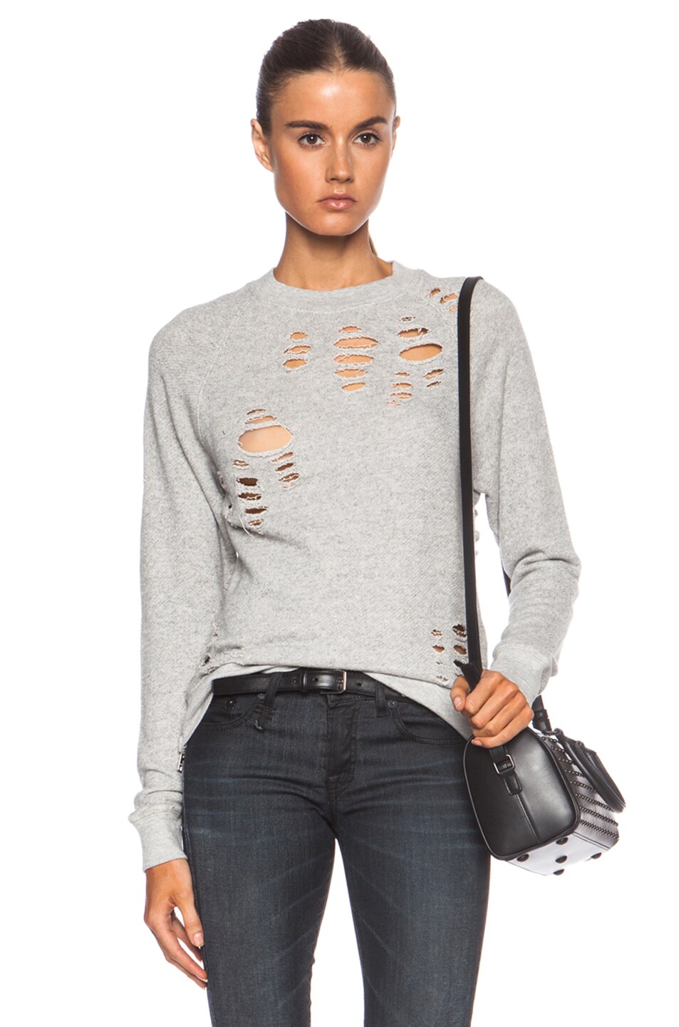 Image 1 of R13 Shredded Zip Side Cotton Sweatshirt in Light Heather