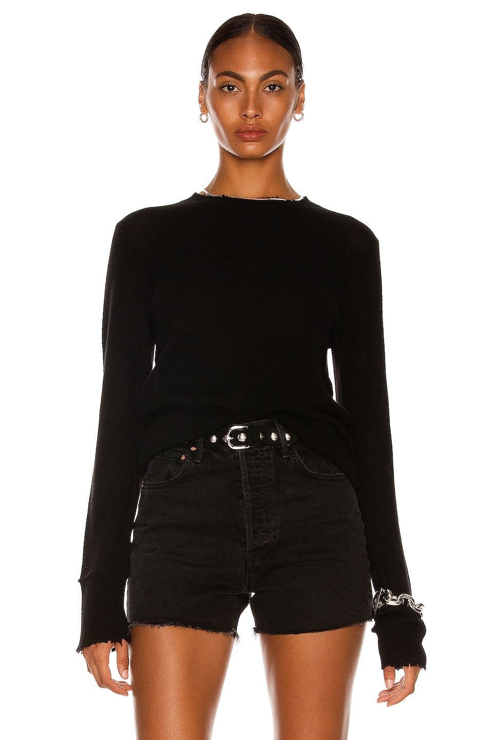 Image 1 of R13 Cashmere Distressed Edge Sweater in Black