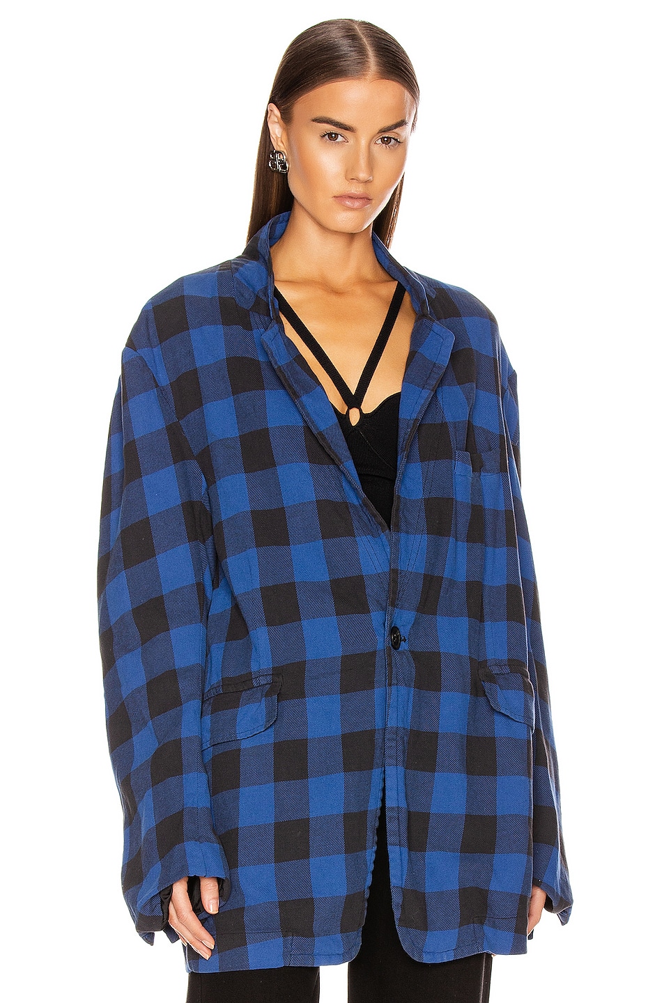 R13 Ragged Blazer in Blue & Black Plaid | FWRD