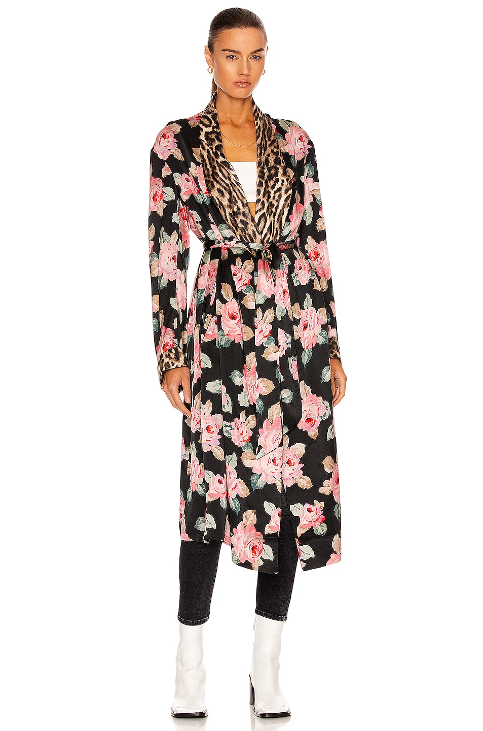 R13 Smoking Robe with Piping in Black Floral | FWRD