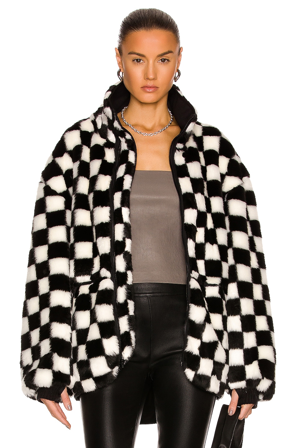 Image 1 of R13 Oversized Zip Up Fleece Jacket in Black & White Checker