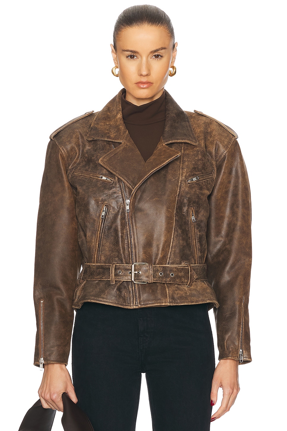 Exaggerated Shoulder Motorcycle Jacket in Brown