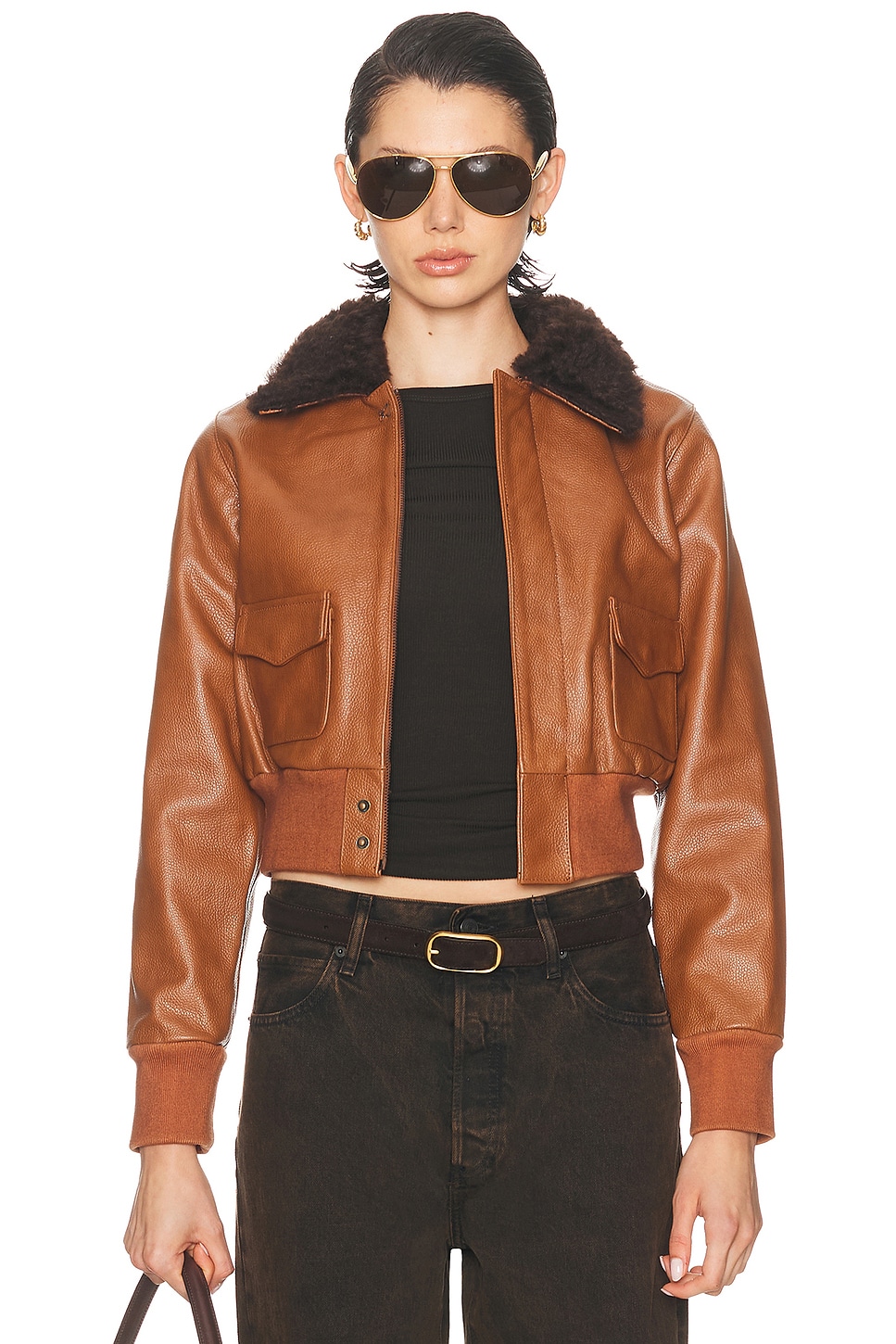 Image 1 of R13 Cropped Shrunken Zip Up Bomber Jacket in Orange & Brown