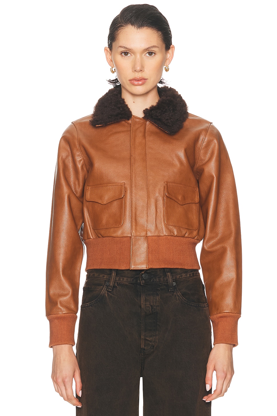 R13 Cropped Shrunken Zip Up Bomber Jacket In Brown