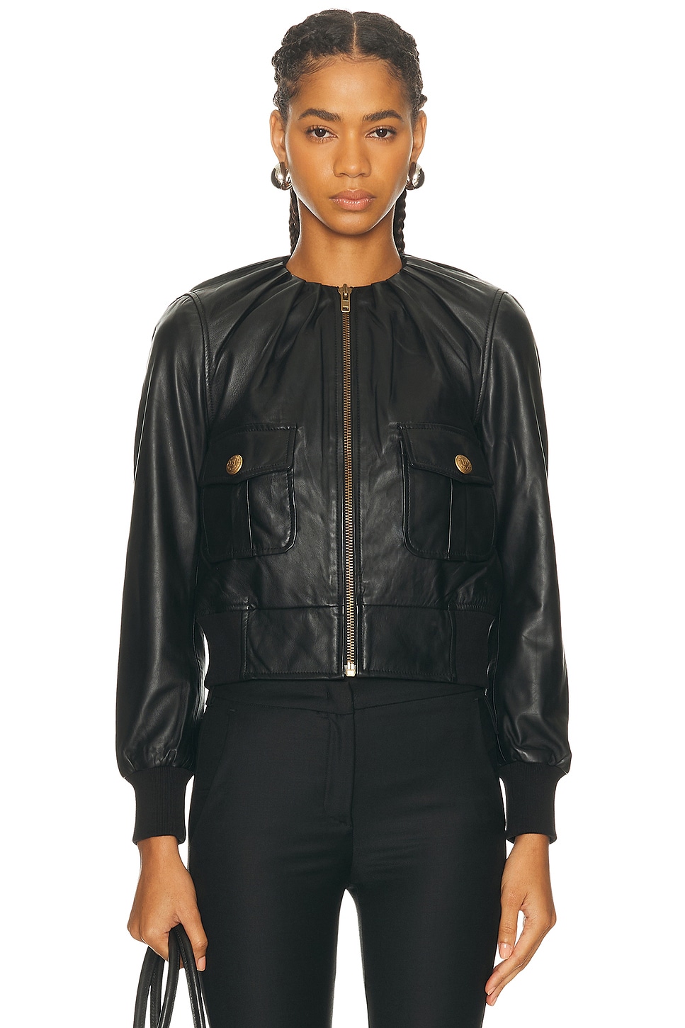 Image 1 of R13 Pleated Neck Leather Jacket in Black