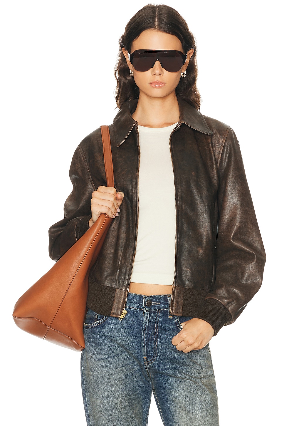 R13 Boyfriend Leather Bomber Jacket In Brown
