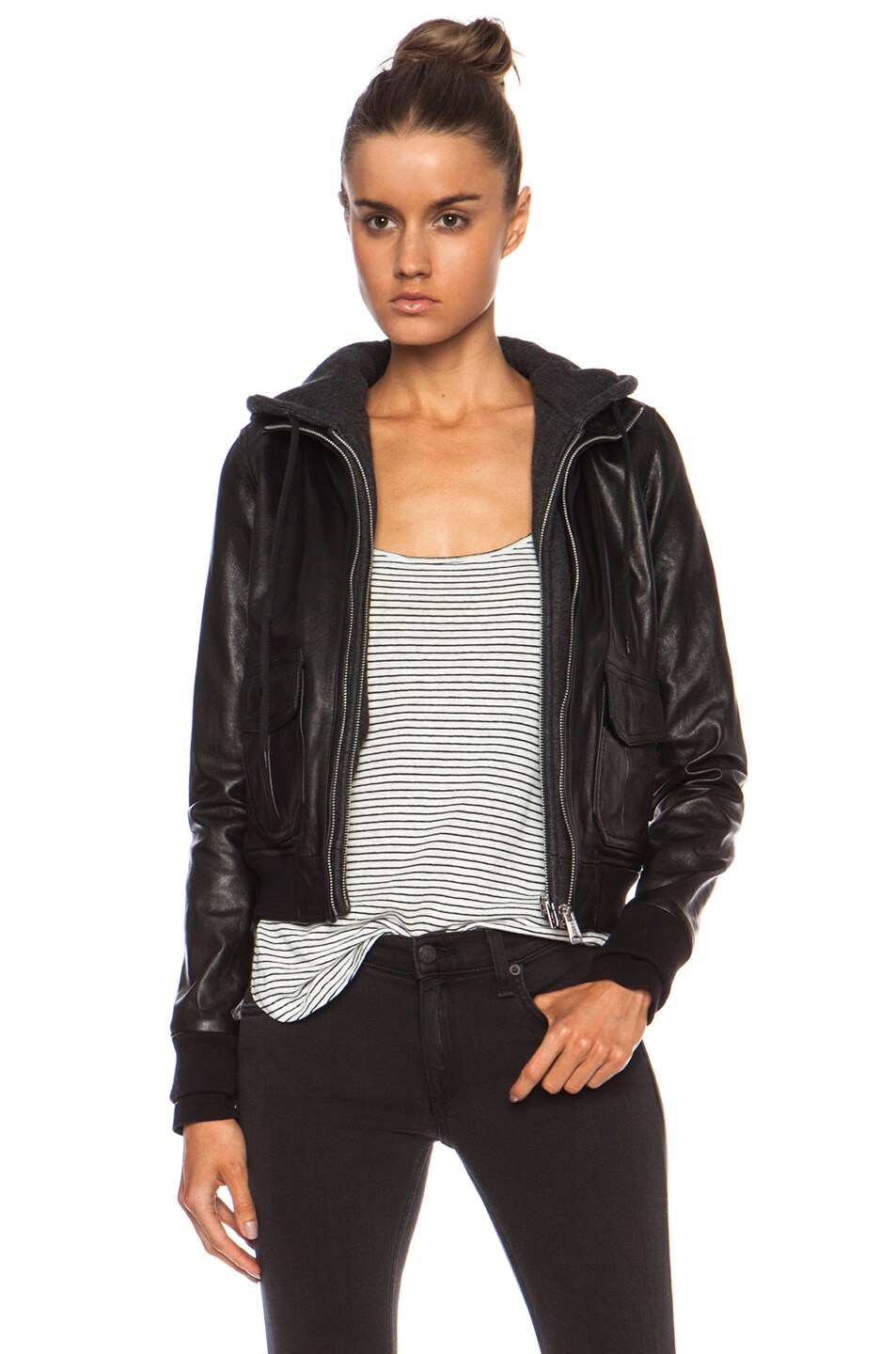 Image 1 of R13 Knit Hooded Flight Leather Jacket in Black