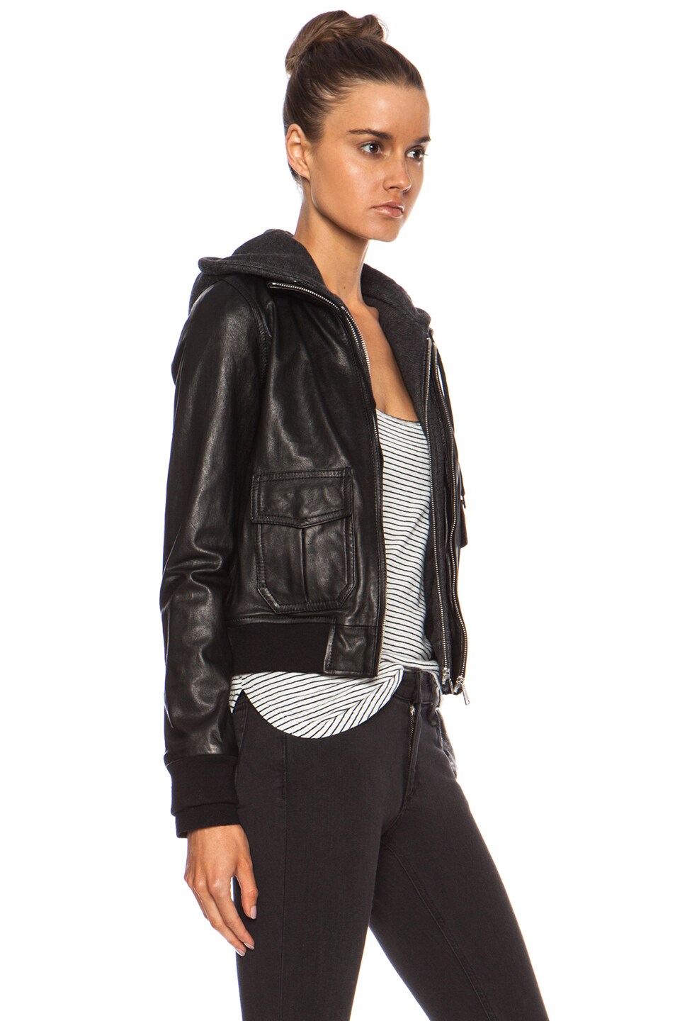 R13 Knit Hooded Flight Leather Jacket in Black FWRD