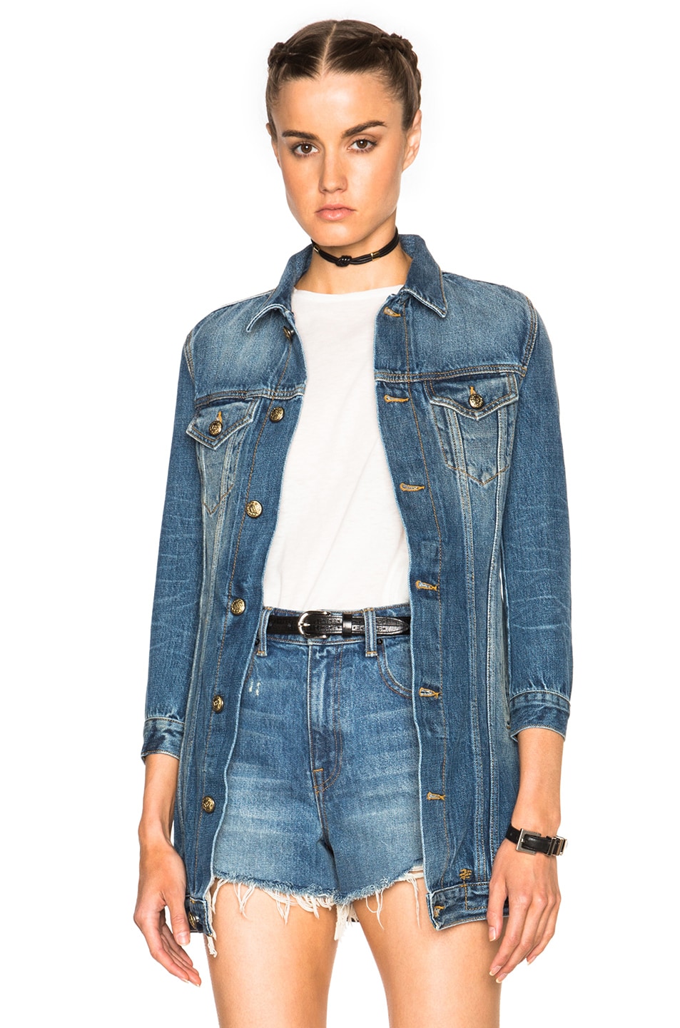 R13 Long Tailored Trucker Jacket in Equalizer Blue | FWRD