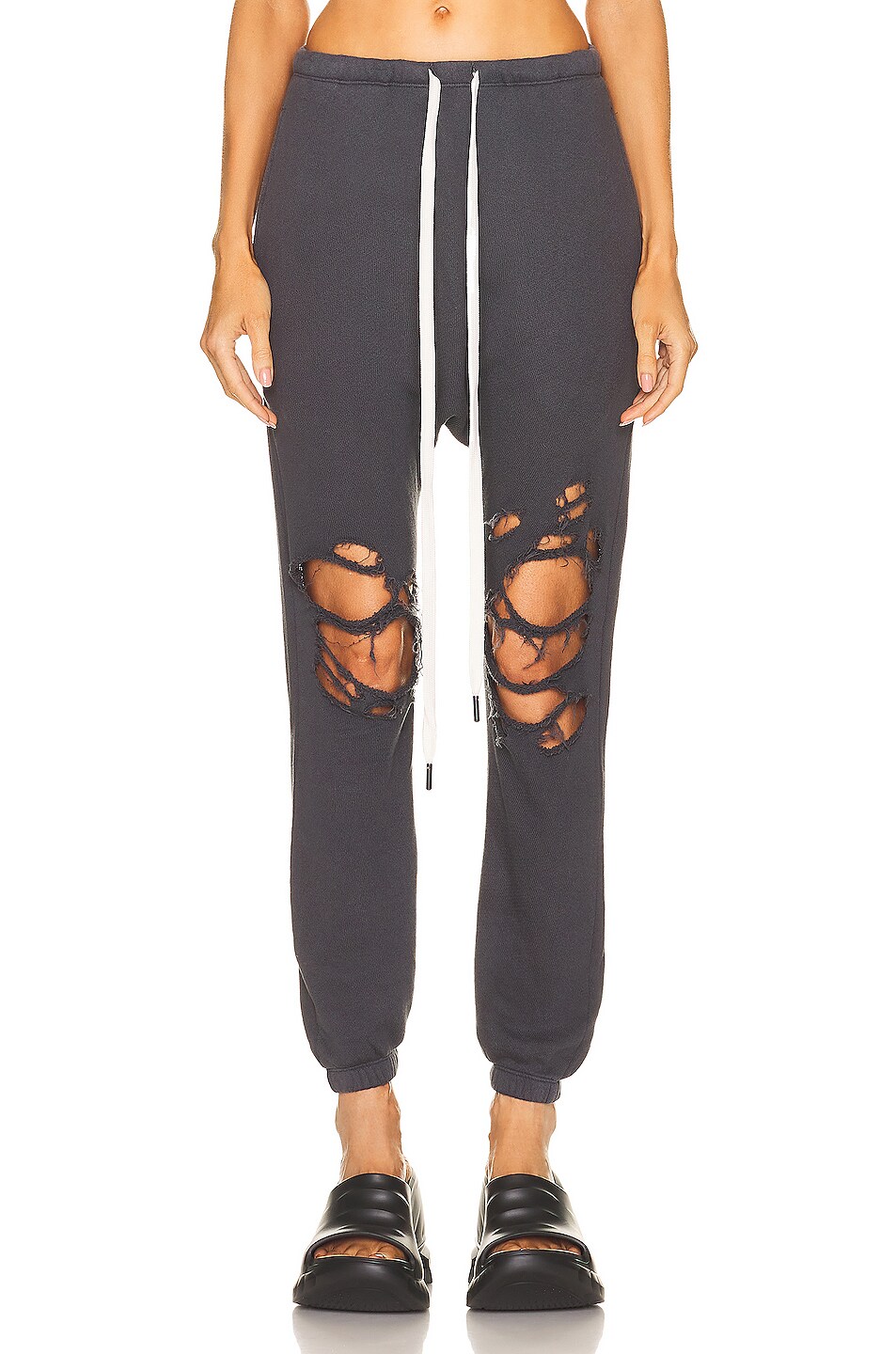 Image 1 of R13 Shredded Knee Dropped Crotch Sweatpant in Washed Black