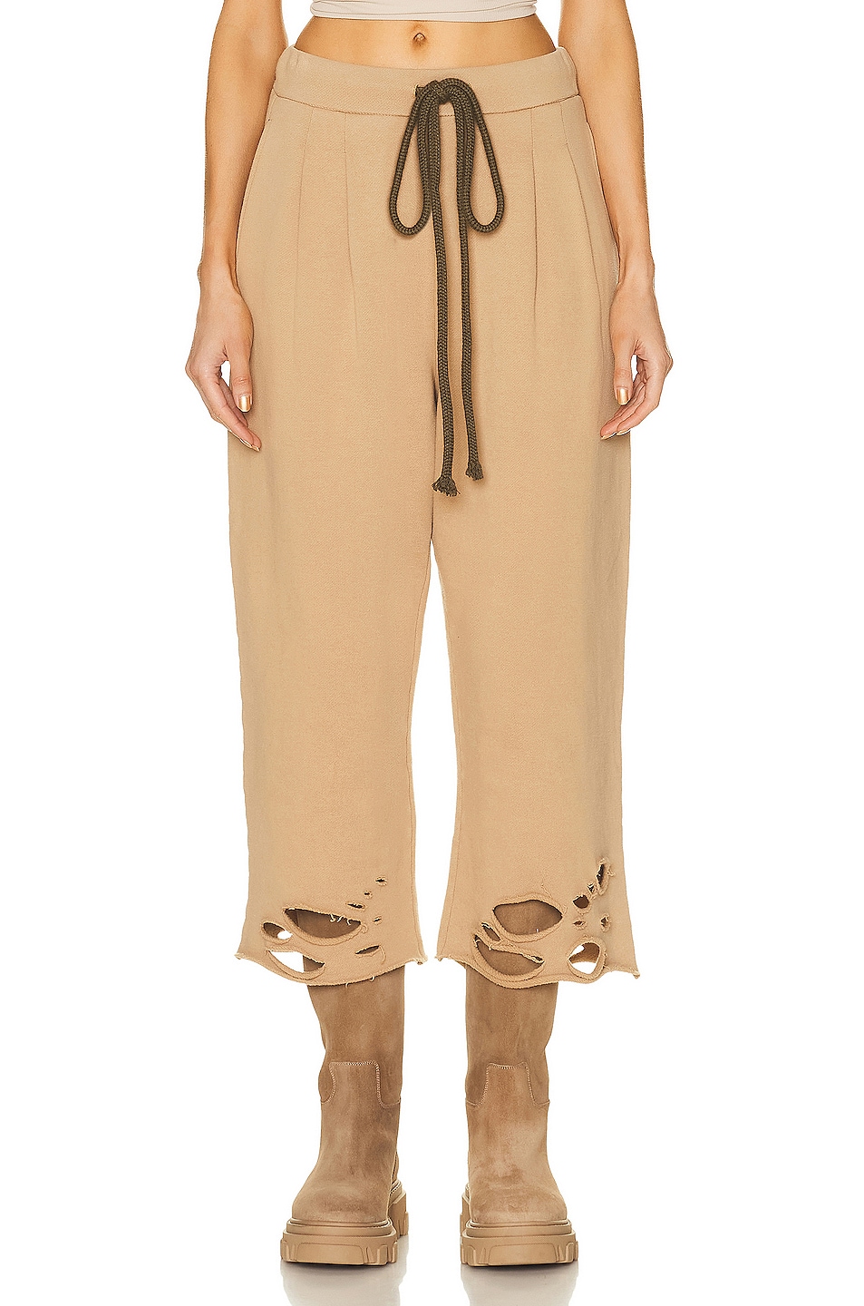 Image 1 of R13 Cropped Pleated Wide Leg Sweatpant in Khaki