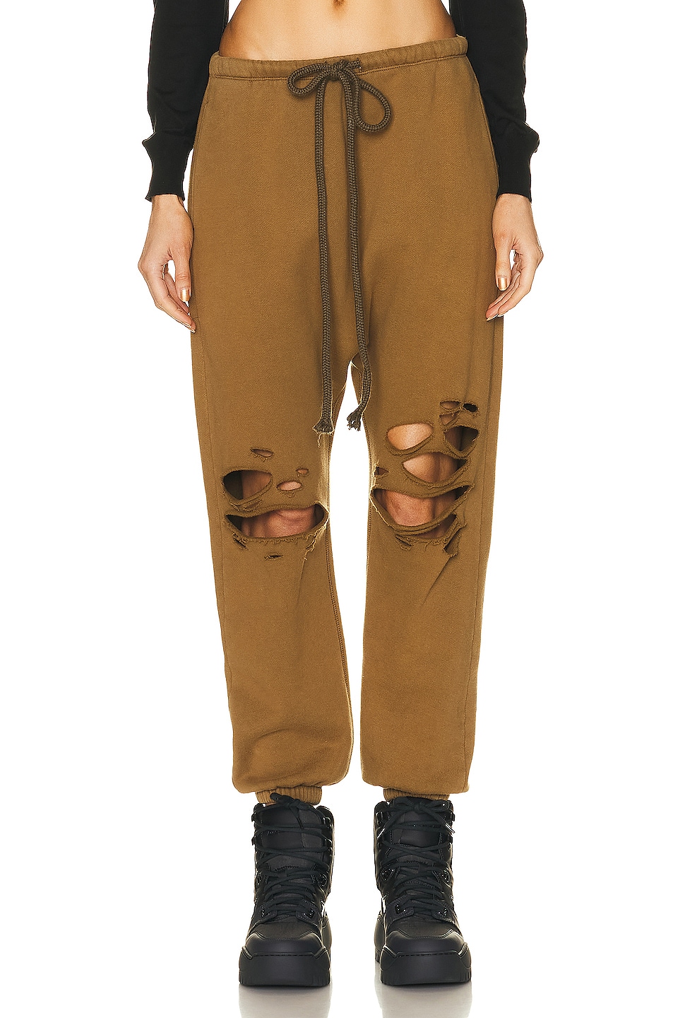 Image 1 of R13 Shredded Knee Dropped Crotch Sweatpant in Olive
