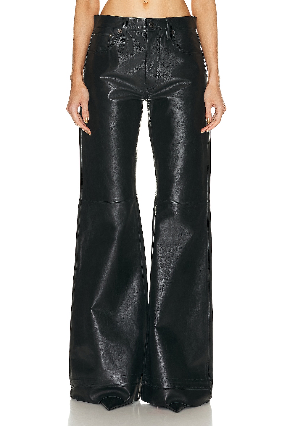 Image 1 of R13 Janet Relaxed Flair Leather Pant in Shiny Black