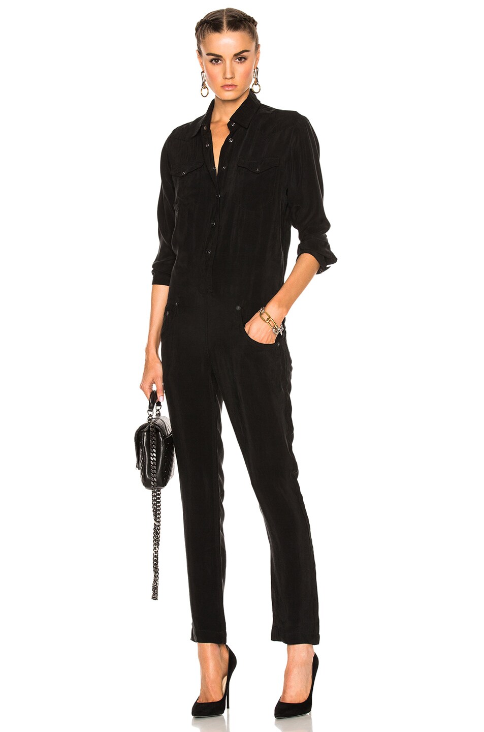 Image 1 of R13 Cowboy Jumpsuit in Black Cupro Twill