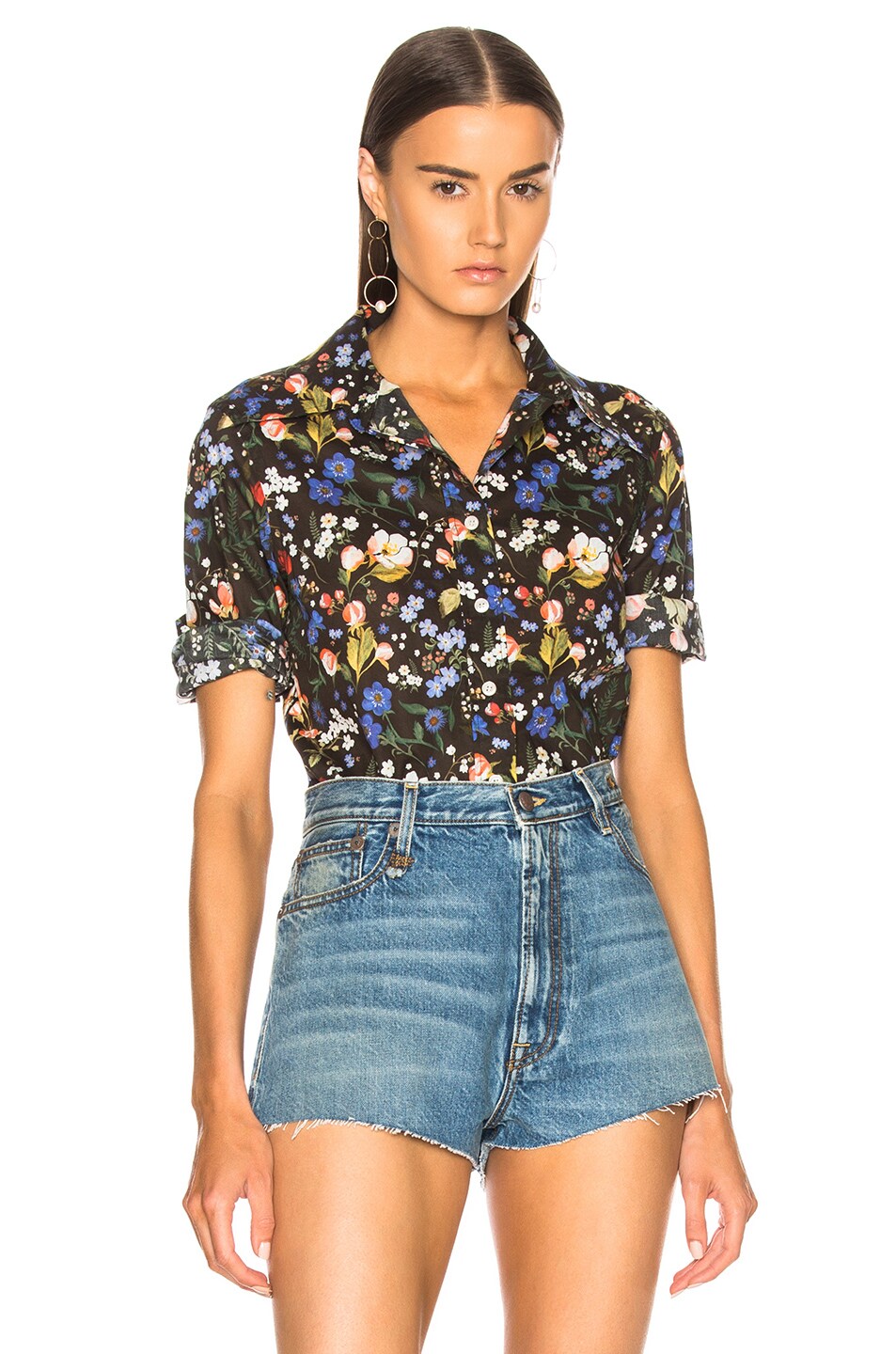 Image 1 of R13 Exaggerated Collar Shirt in Multicolor on Black Floral