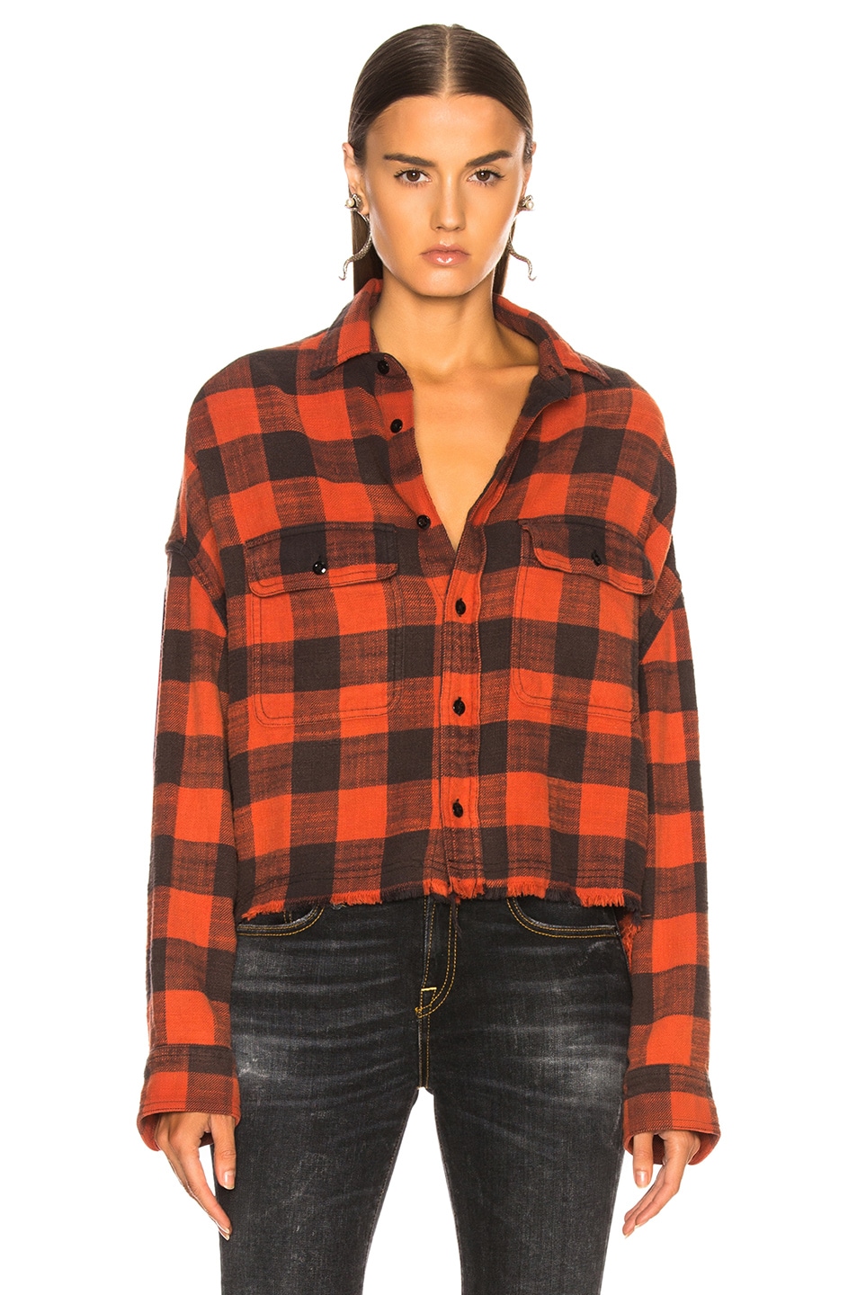 R13 Cropped Work Shirt in Red Plaid | FWRD