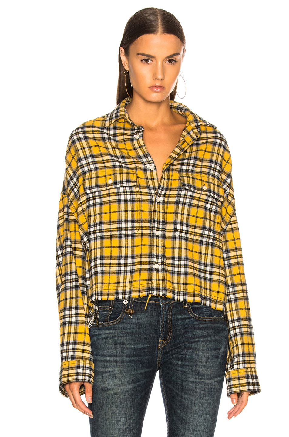 R13 Cropped Work Shirt in Yellow Plaid | FWRD