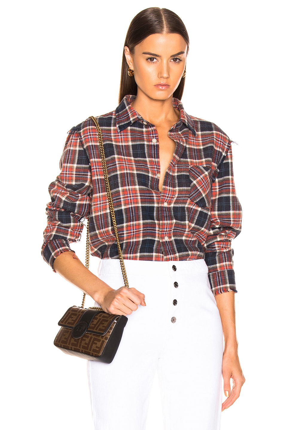 Image 1 of R13 Shredded Seam Shirt in Red & Navy Plaid
