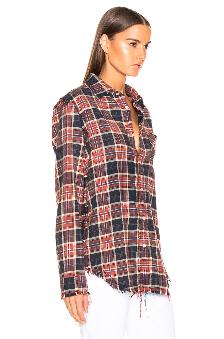 R13 Shredded Seam Shirt in Red & Navy Plaid | FWRD