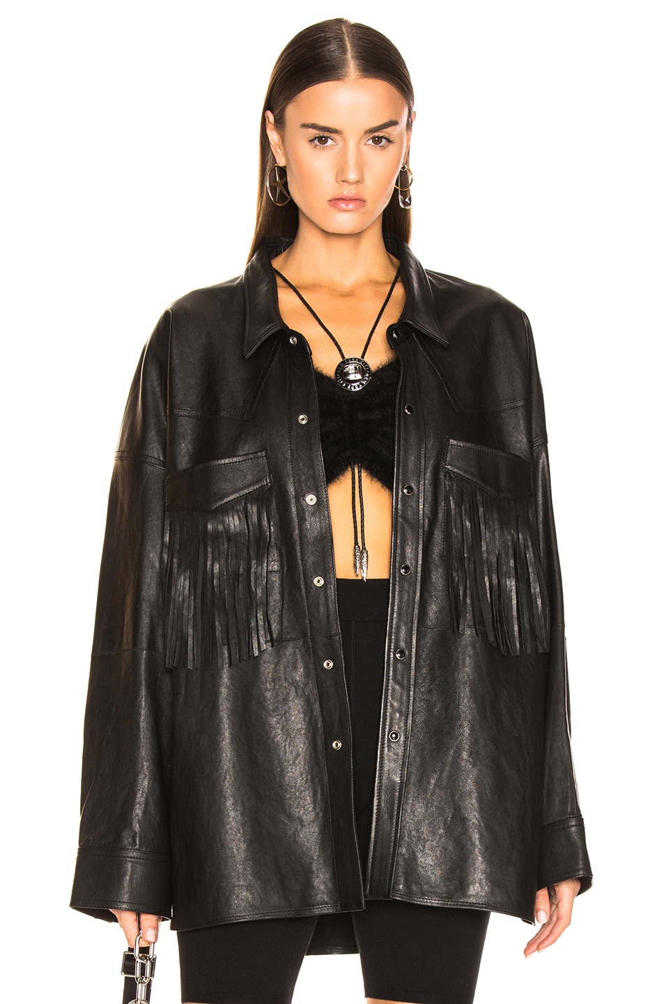 R13 Fringe Leather Shirt in Black FWRD