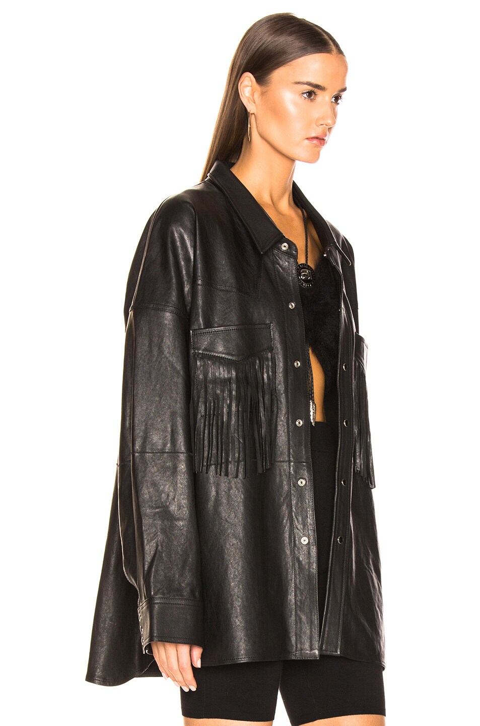 R13 Fringe Leather Shirt in Black FWRD