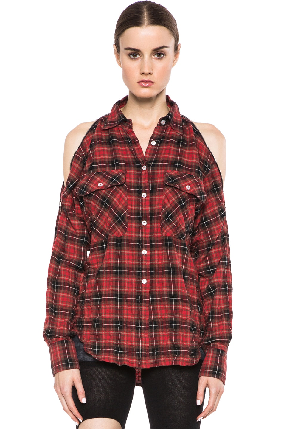 Image 1 of R13 Zip Shoulder Light Weight Cotton Button Up in Red Plaid
