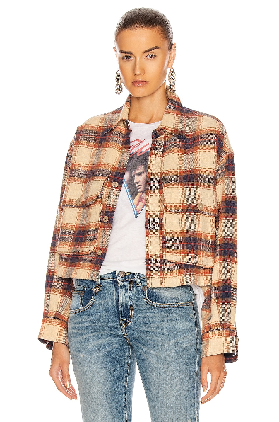 Image 1 of R13 Oversized Cropped Shirt in Beige Plaid