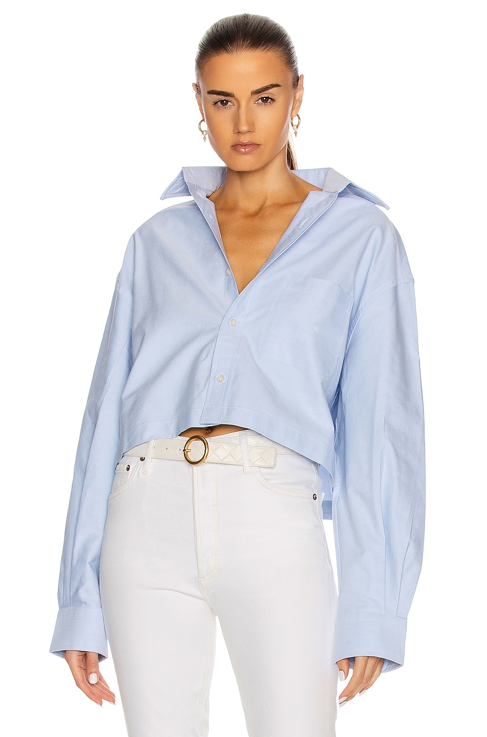 R13 Oversized Cropped Button Up Shirt in Light Blue | FWRD