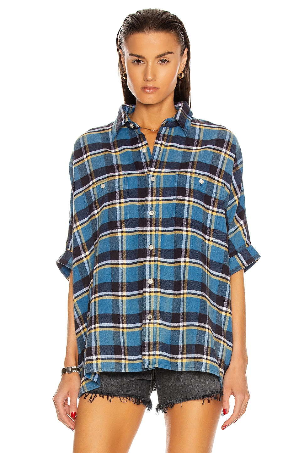 R13 Plaid Oversized Boxy Shirt in Blue Plaid | FWRD