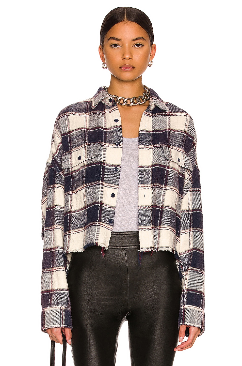 R13 Cropped Work Shirt in Ecru Plaid | FWRD