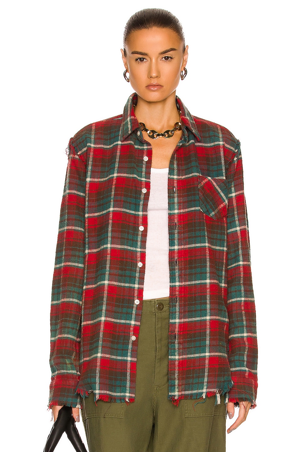 Image 1 of R13 Shredded Seam Shirt in Blue & Red Plaid