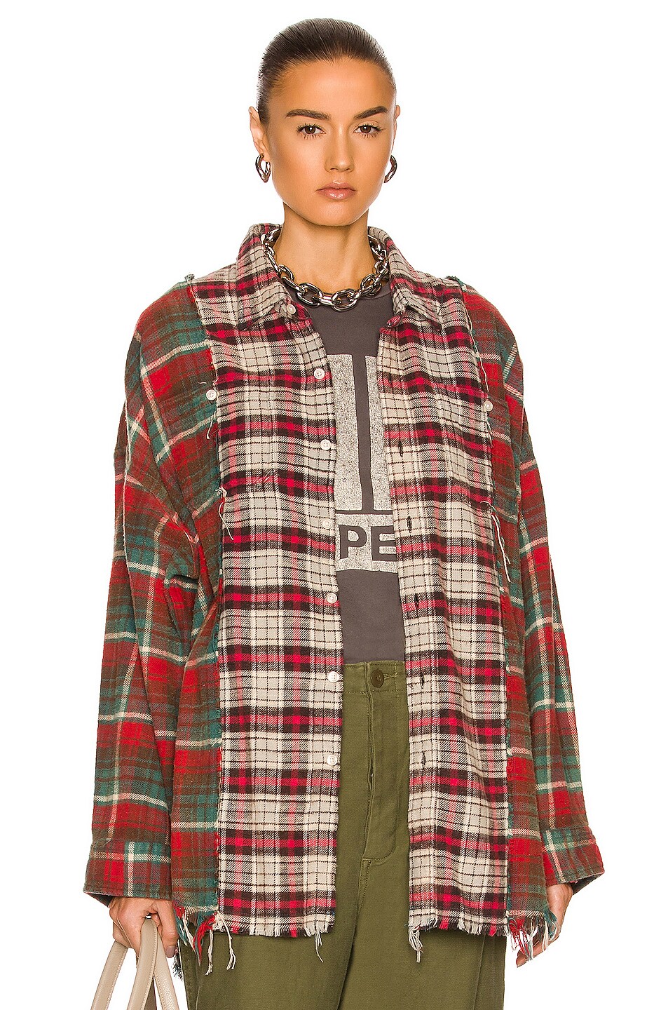 Image 1 of R13 Drop Neck Combo Workshirt in Grey, Blue, & Red Plaid
