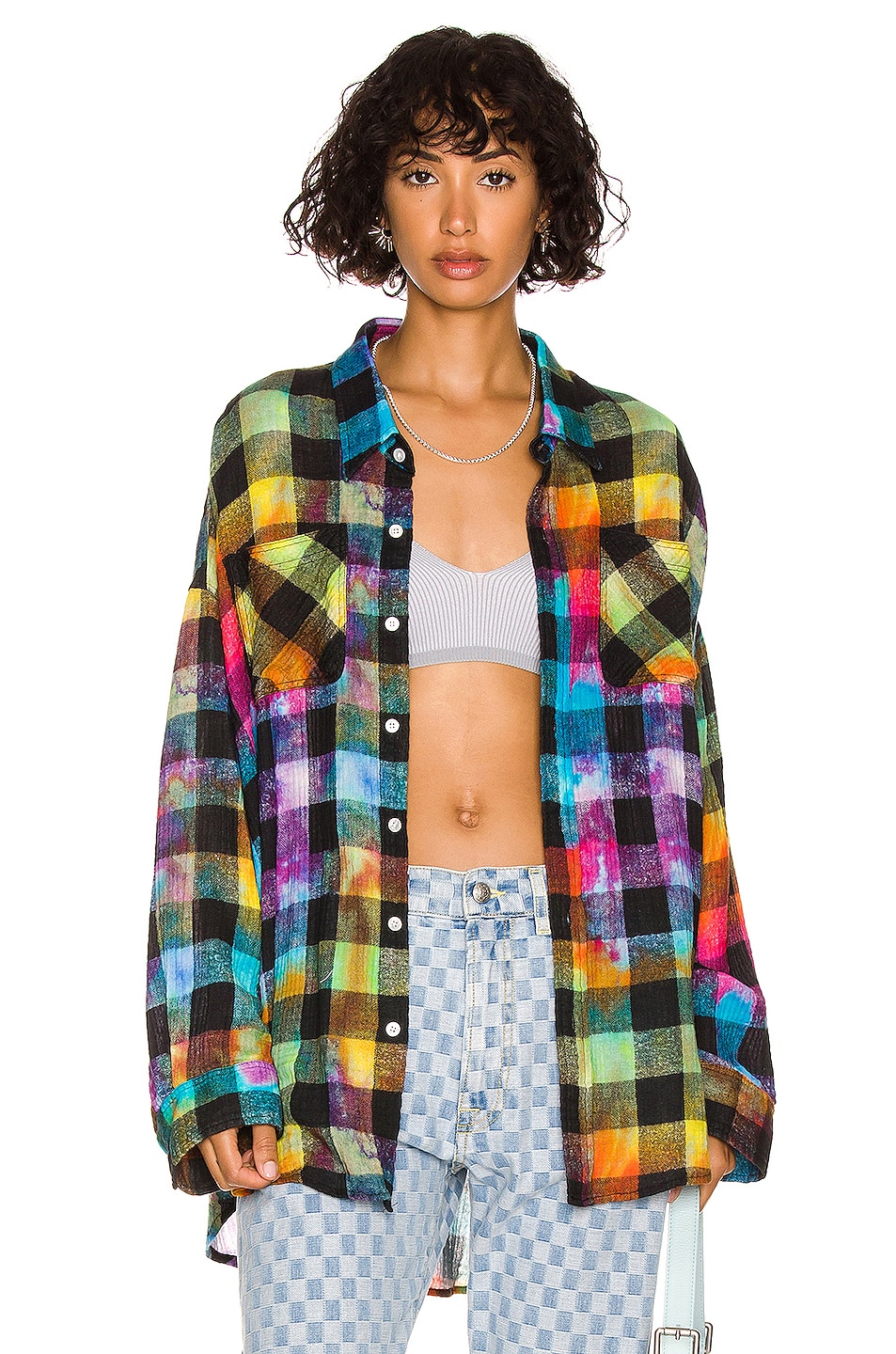 Image 1 of R13 Oversized Drop Neck Shirt in Rainbow Plaid