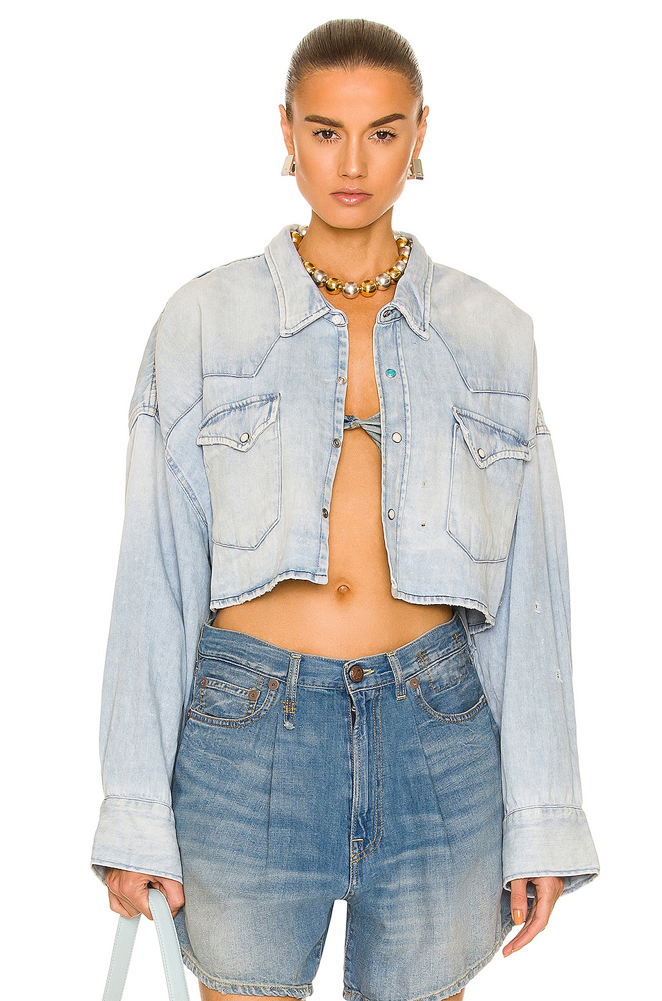 Image 1 of R13 Oversized Cropped Cowboy Shirt in Sullivan Blue