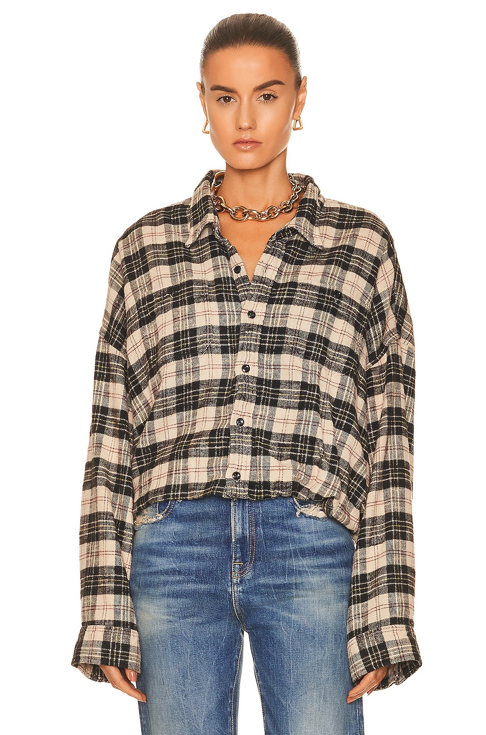 R13 Gathered Hem Work Shirt in Beige & Black Plaid | FWRD